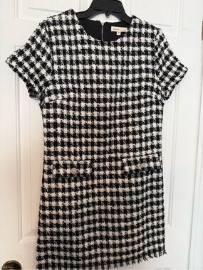 Bebop Black & White Gingham Plaid Knit Dress LARGE Fringe Pearl Buttons Classic